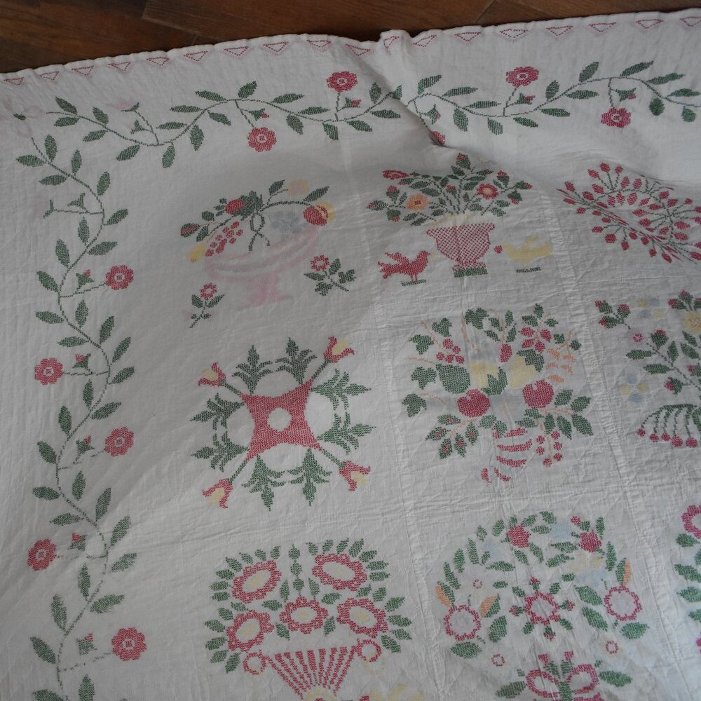 Vintage Handmade Cross Stitched Quilt Embroidered Baltimore Album Quilt 72 X 62 - Picture 10 of 13